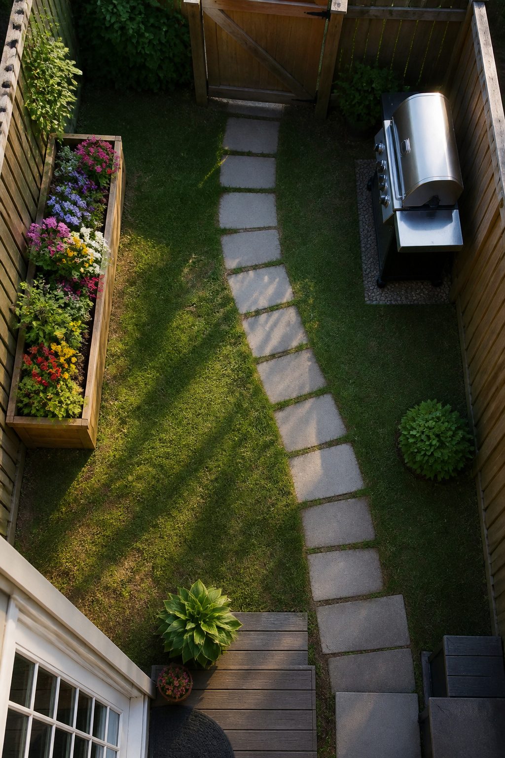 Garden hose outlines a path in a small backyard layout.