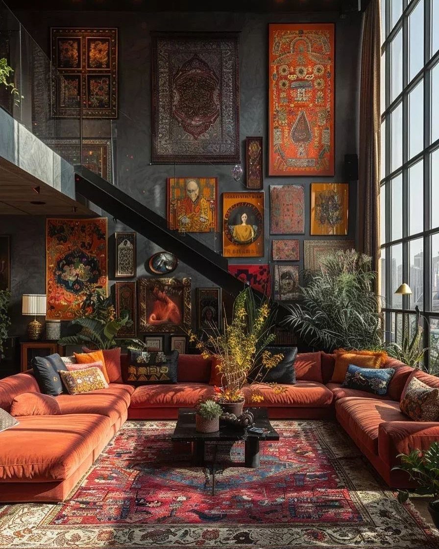 Orange sectional sofa in a room with dark walls and many framed artworks.