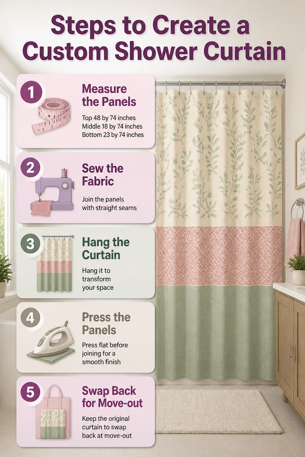 5 Martha Stewart Bathroom Ideas That Balance Clean Style With Personality 6 Custom shower curtain created with three fabric panels in a bathroom.