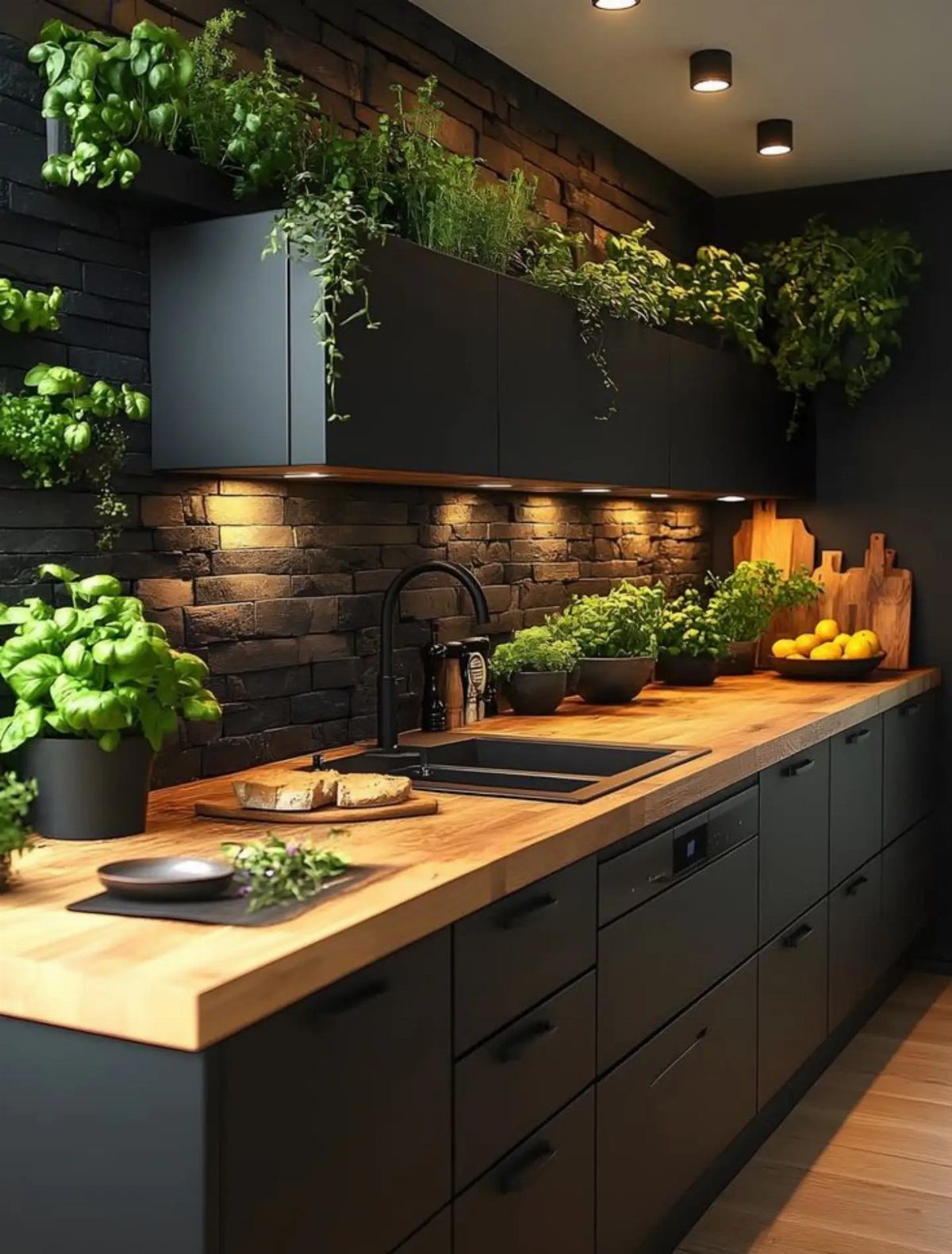 Dark charcoal brick backsplash in a modern kitchen with black cabinets and wood countertops.