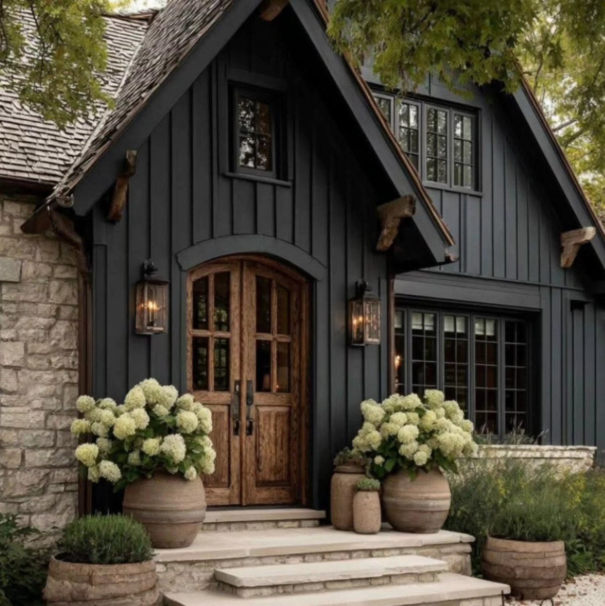 Dark charcoal vertical wood siding on a house with a natural wood arched door.