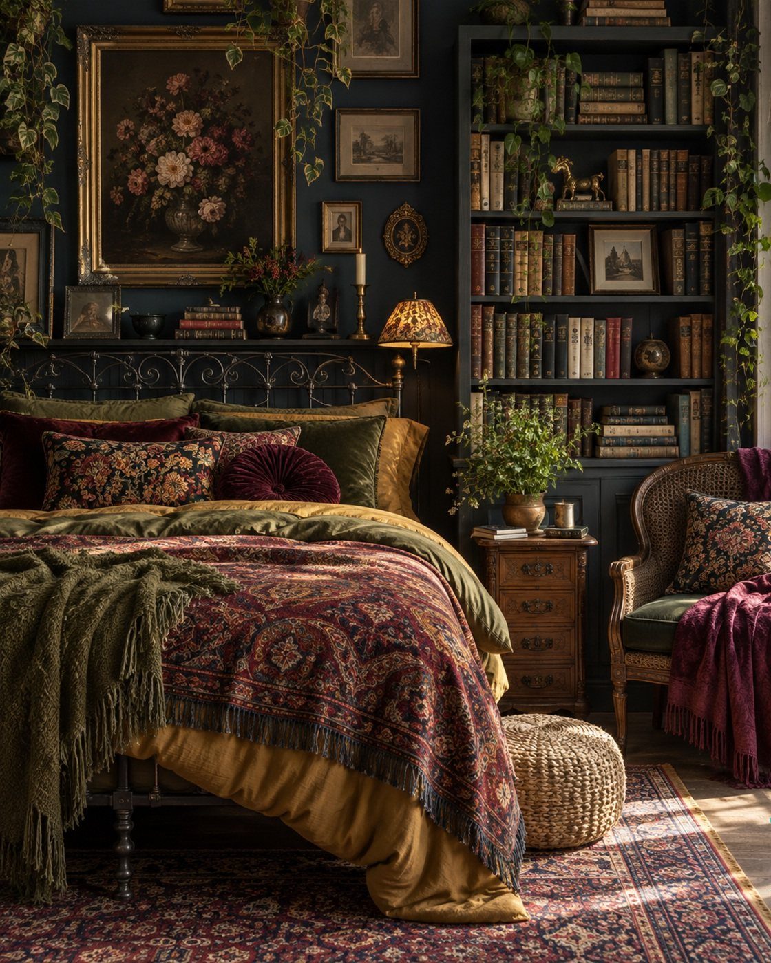 Maximalist bedroom featuring floral patterned bedding, a large floral painting, and dark teal walls.