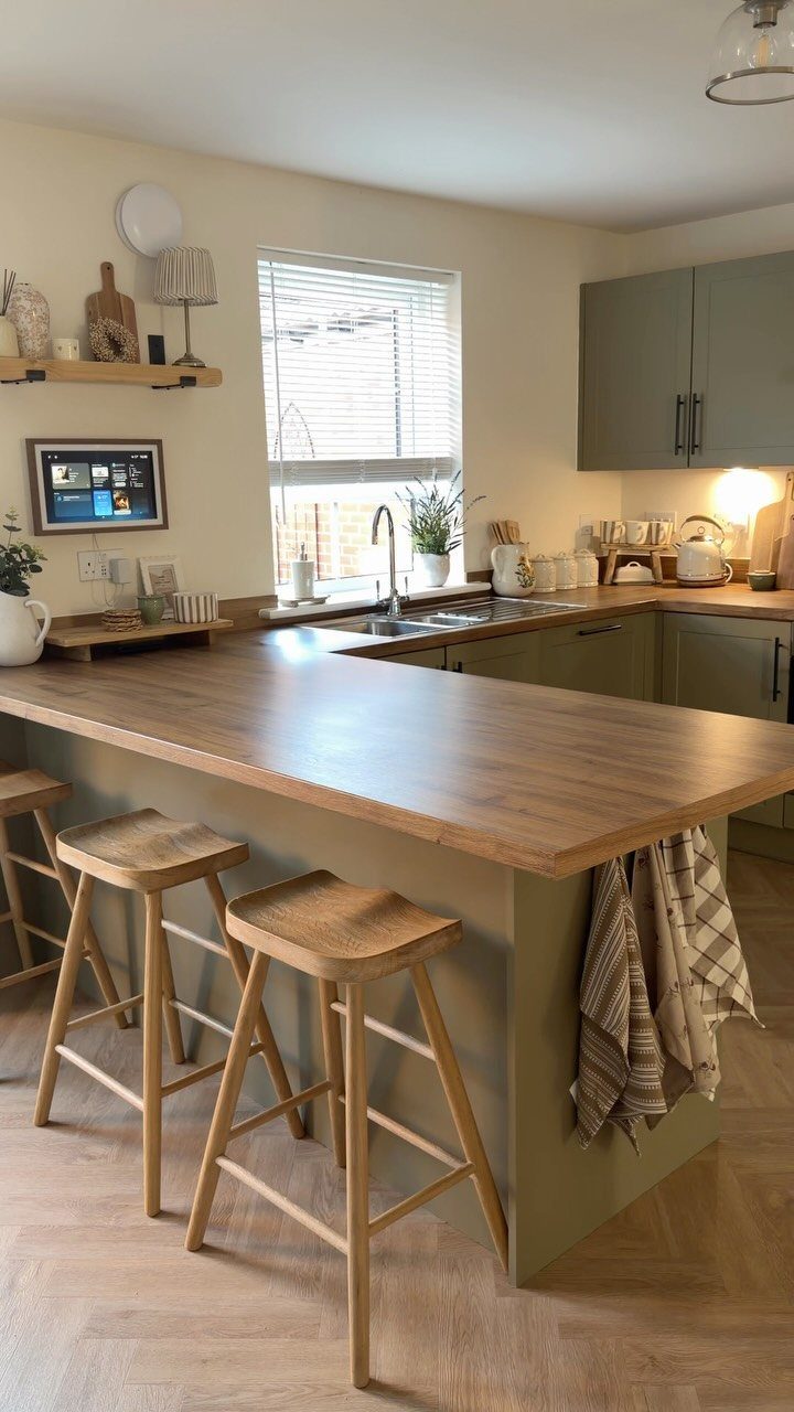 Small kitchen with olive green cabinets, wooden peninsula, and decorative shelf accents.
