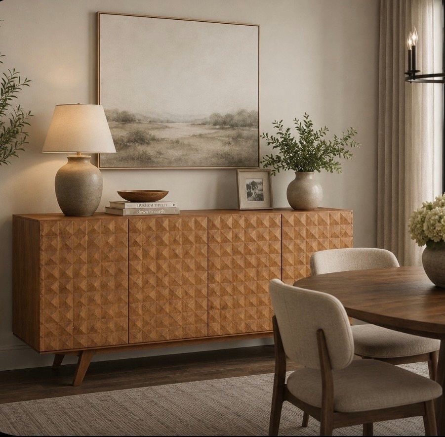 Dining Room Armoire: 16 Ideas for Storage and Style 9 Wooden dining buffet with geometric textured doors in a neutral dining room setting.