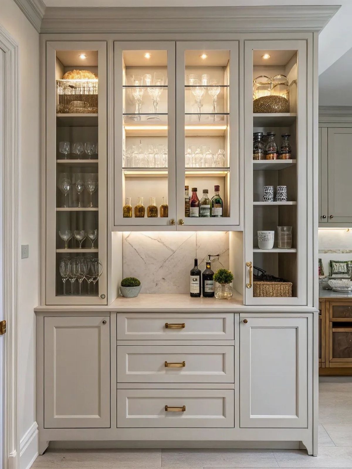 Dining Room Armoire: 16 Ideas for Storage and Style 3 Light gray dining room hutch with glass display cabinets and marble backsplash.