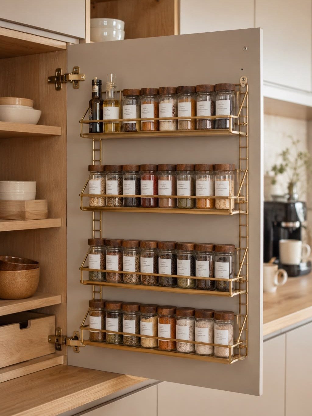 Kitchen Wood Pantry: 40 Ideas with Glass, Drawers, and Doors 7 Gold metal spice racks mounted on the inside of a grey pantry door