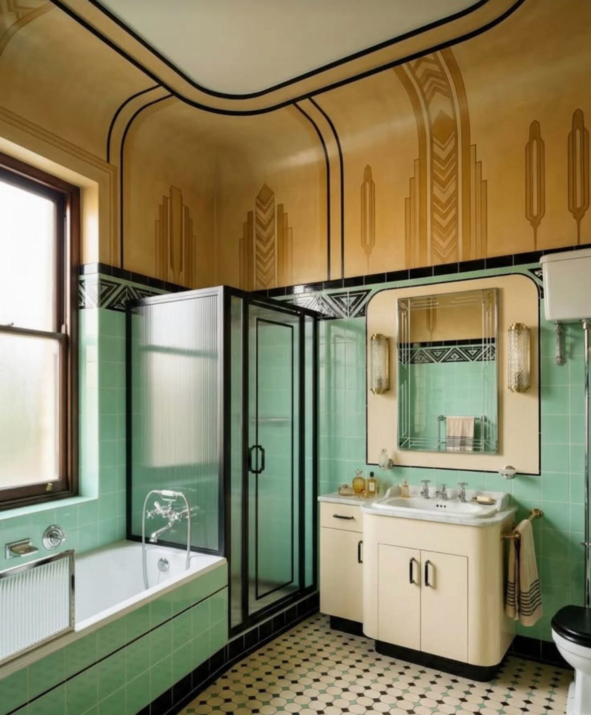 Art Deco bathroom with gold geometric walls, mint green tiles, and checkerboard flooring.