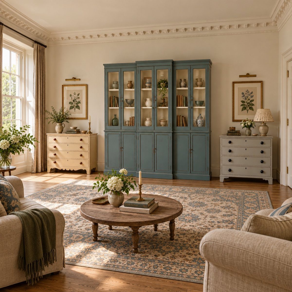 Living Room Storage Cabinet Ideas: 14 Styles That Fit Any Space 6 Two dressers and a large blue cabinet in a bright, traditional living room