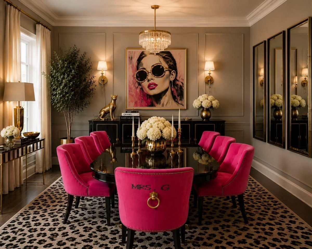 Round black dining table with pink chairs aligned with a large wall portrait
