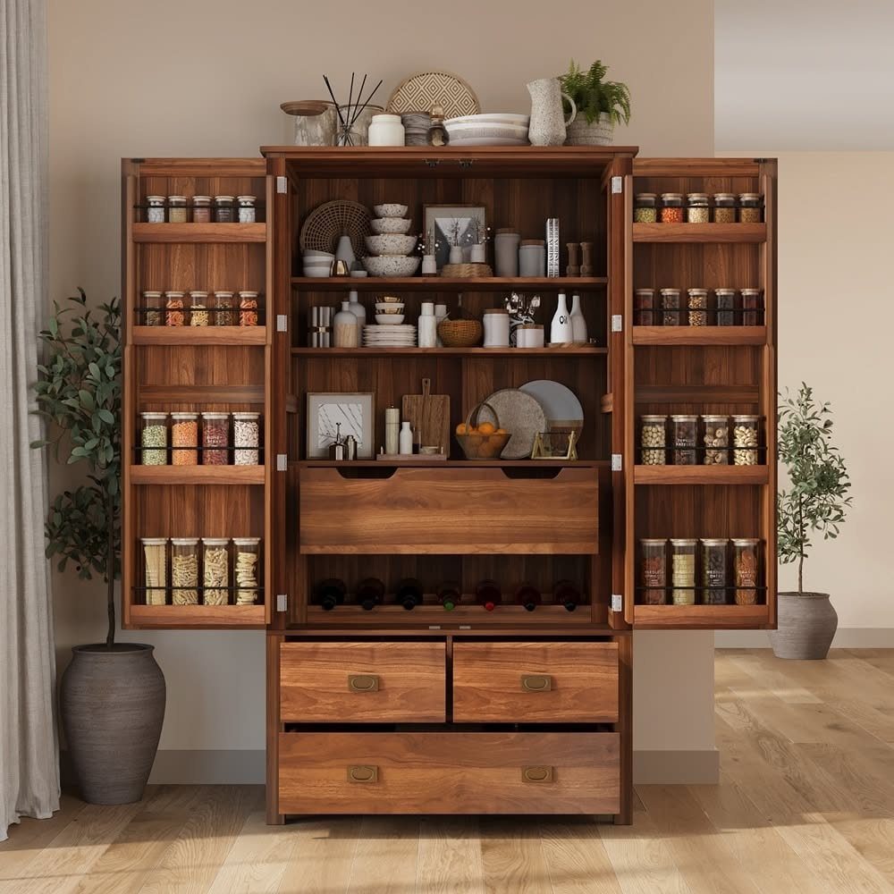 Dining Room Armoire: 16 Ideas for Storage and Style 8 Tall wooden freestanding dining armoire with open doors and organized kitchen storage shelves.