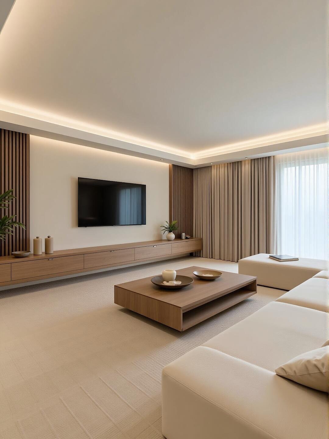 Minimalist living room with neutral tones, wooden furniture, and recessed ceiling lighting.