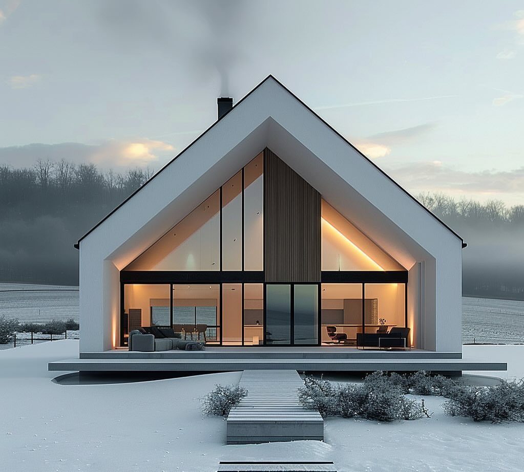 Modern white house with a steep gable roof in a snowy winter landscape.