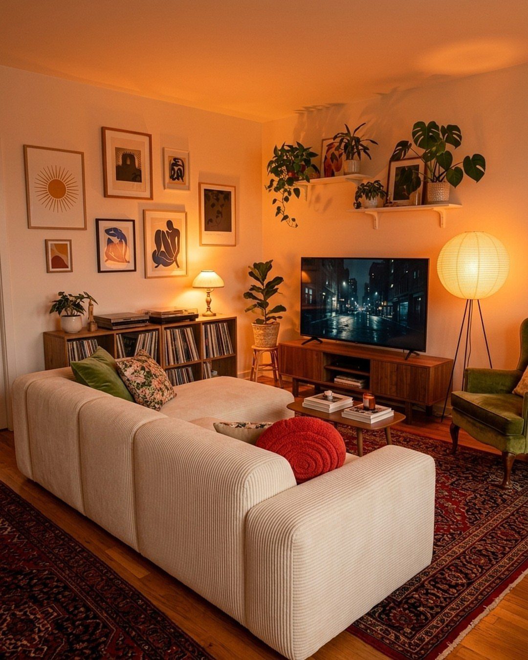 White ribbed sofa in a cozy living room with gallery wall and patterned rug.