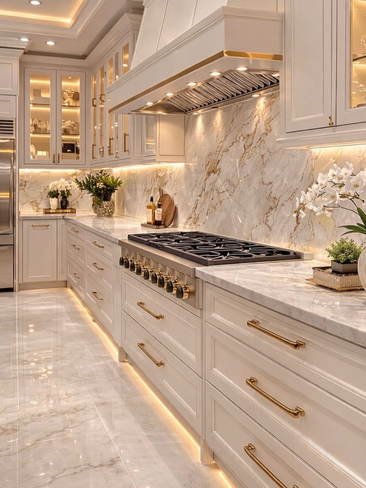 Kitchen Wood Pantry: 40 Ideas with Glass, Drawers, and Doors 4 White kitchen cabinets with gold handles and illuminated glass-front upper pantry cabinets.
