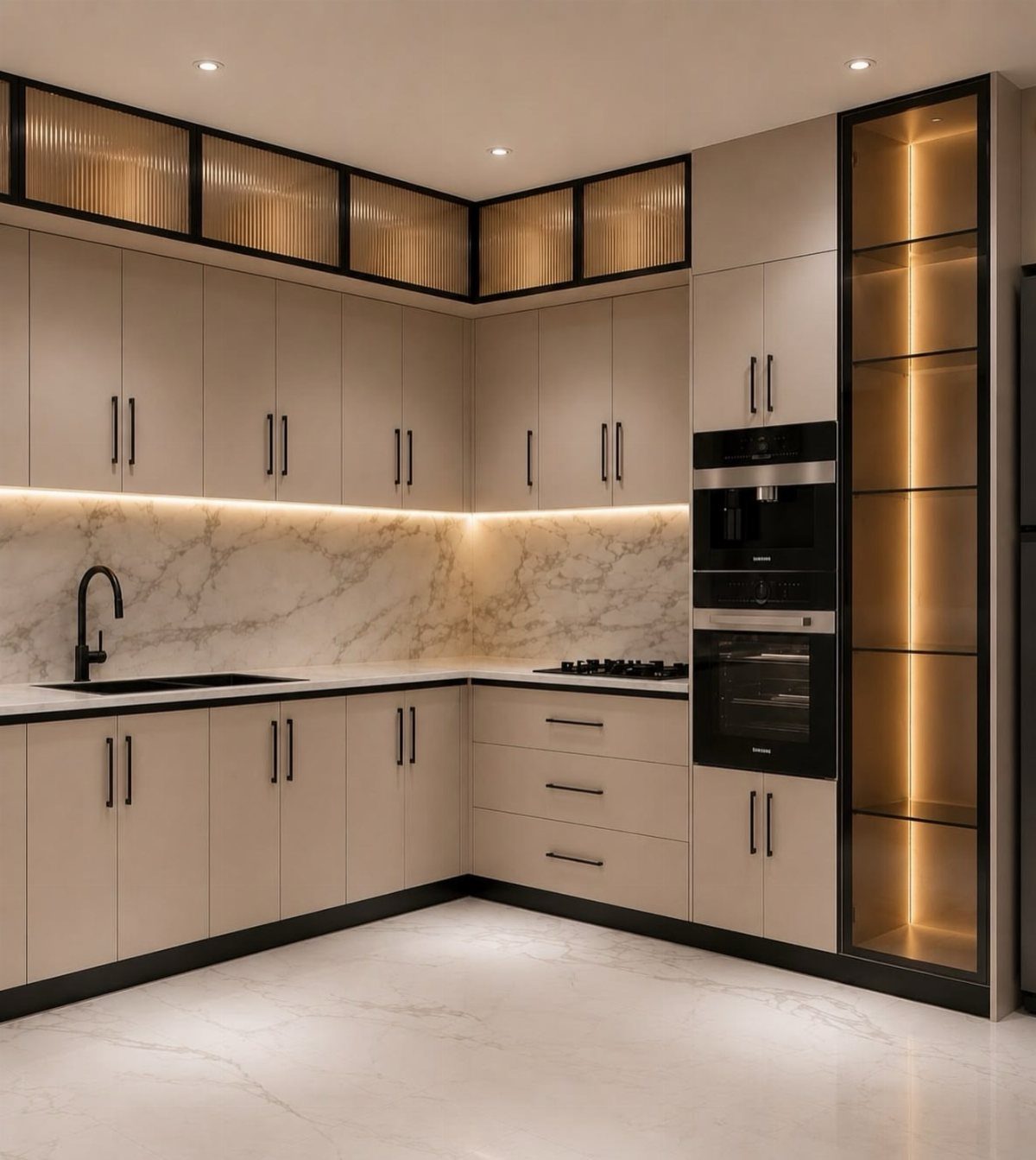 L Shaped Kitchen Cabinets: 24 Ideas for Style and Function 7 Beige L-shaped kitchen cabinets with ribbed glass wall units and a lit glass pantry.