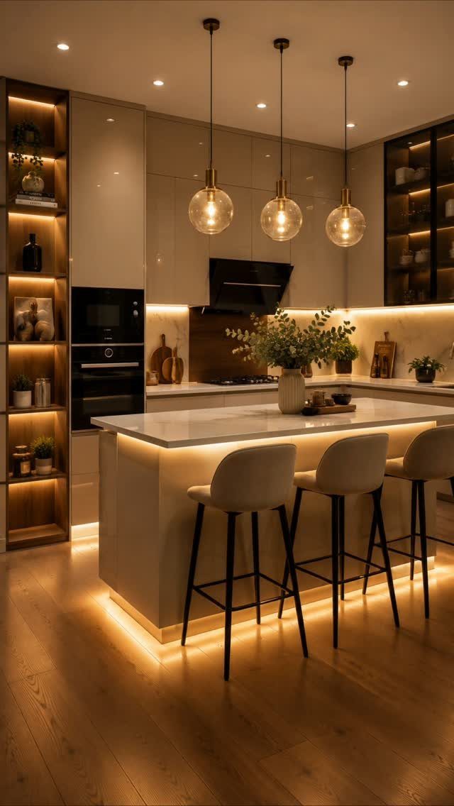 Modern small kitchen units with a white island, bar stools, and warm lighting.