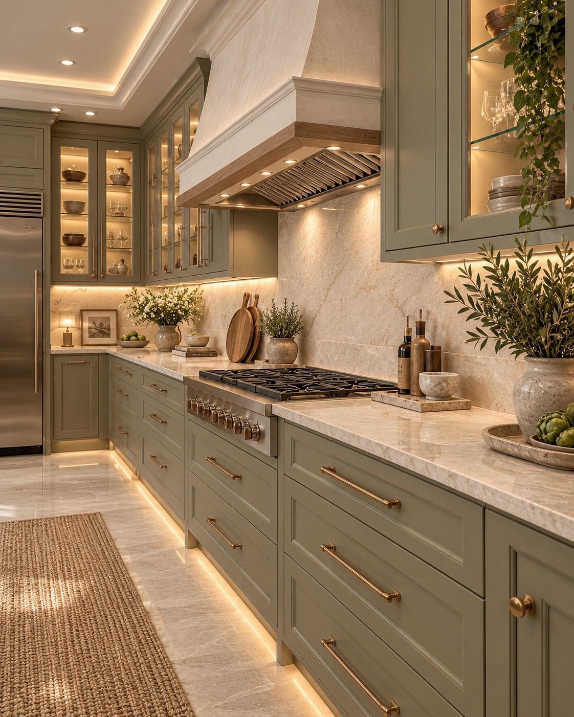 Sage green kitchen cabinets with gold hardware and white marble countertops.