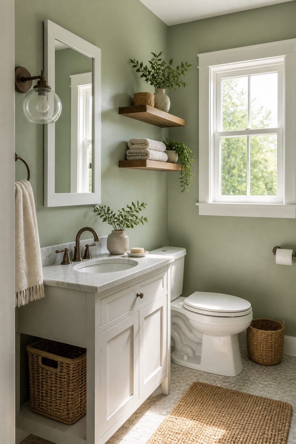 A small bathroom featuring sage green walls and white fixtures.