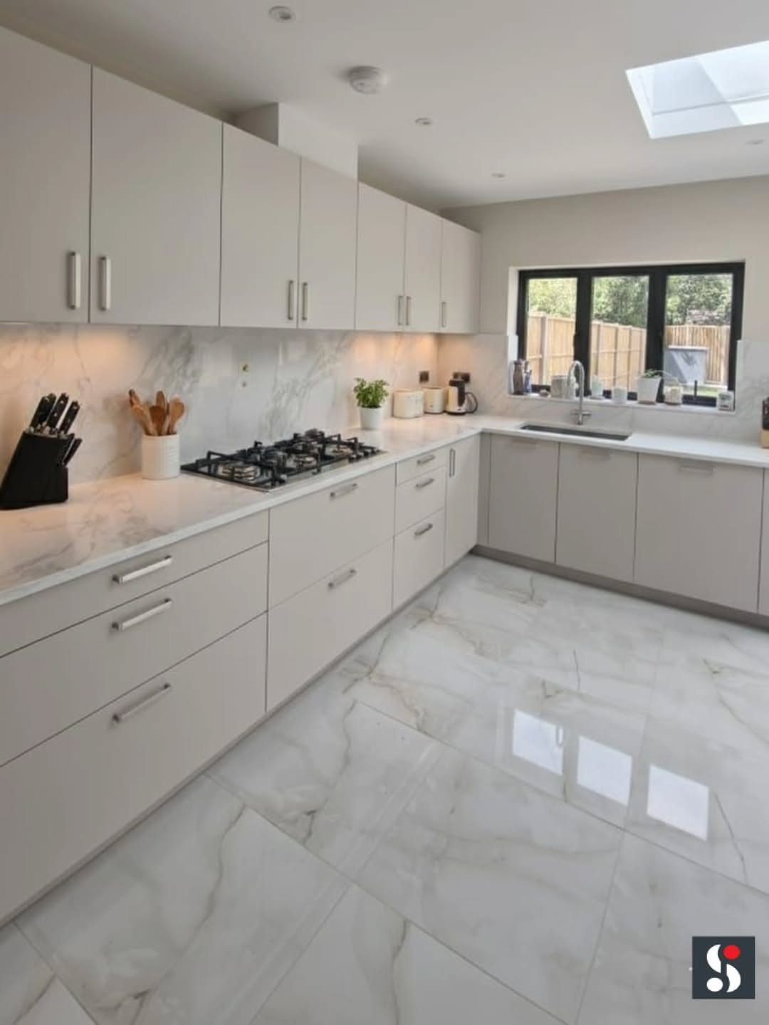 Modern light grey kitchen cabinets with white marble countertops and matching tiled flooring.