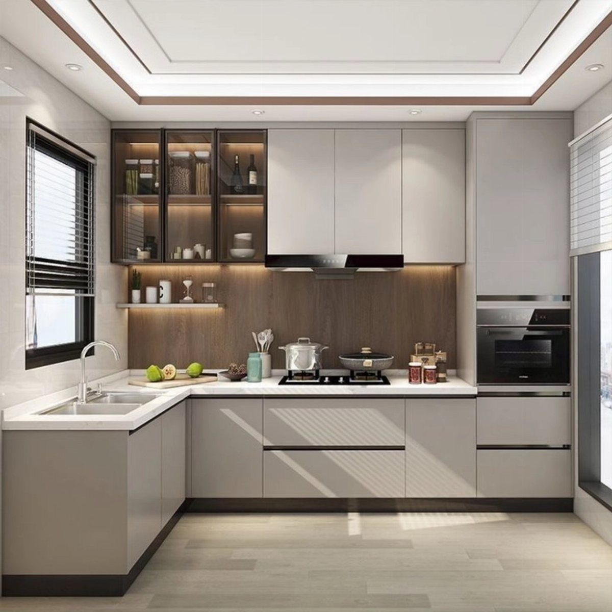 L Shaped Kitchen Cabinets: 24 Ideas for Style and Function 18 Modern L-shaped kitchen with grey cabinets, white countertops, and built-in appliances.