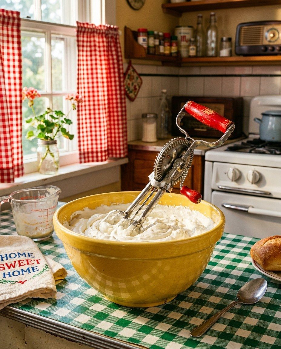 Vintage hand-crank mixer whisking white cream in a yellow bowl on checkered tablecloth.
