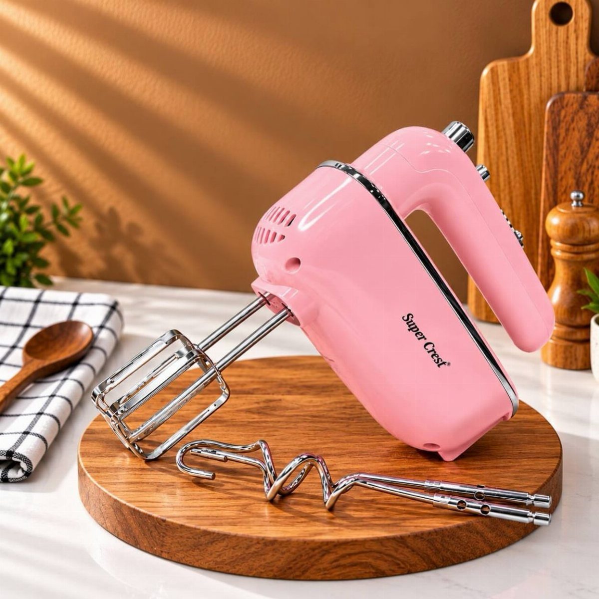 Pink electric hand mixer with silver beaters on a round wooden board.