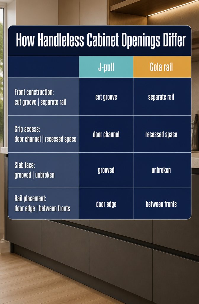 Kitchen Cabinets Without Handles: 7 Ways to Open Them 3 Diagram comparing handleless cabinet opening methods