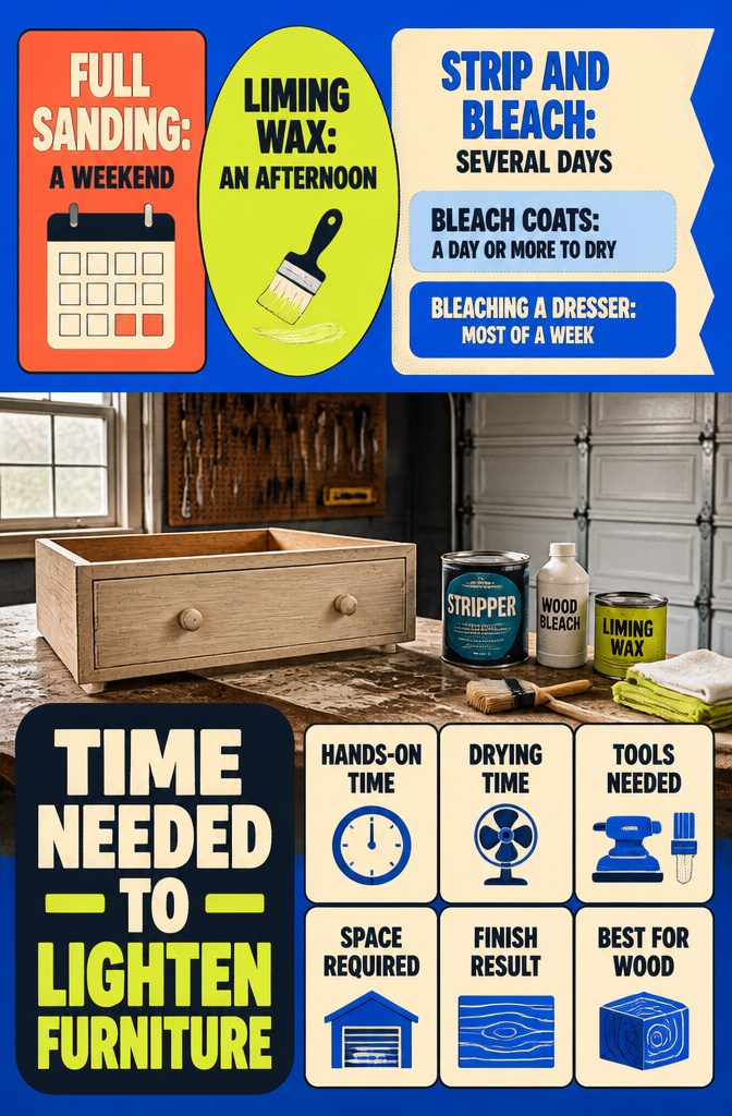 How to Lighten Wooden Furniture in 7 Steps 11 Graphic with the words Time Needed to Lighten Furniture on a home interior background