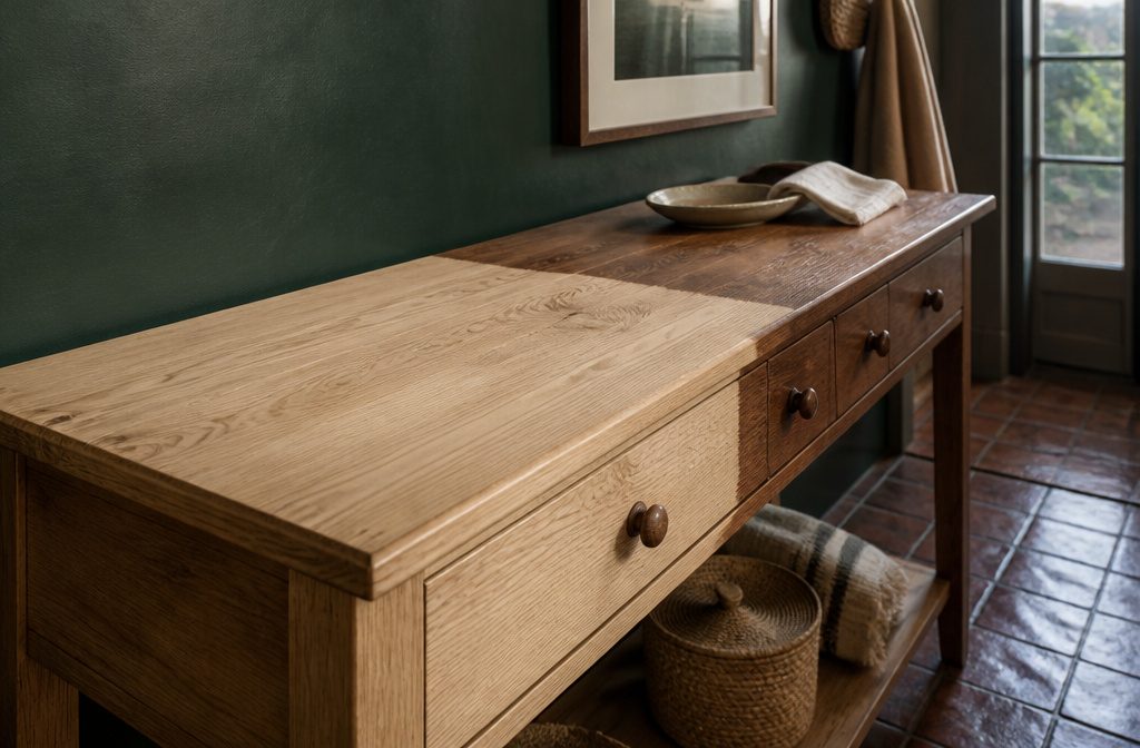 Wooden cabinet with a solid timber edge, thin veneer seam, dark patch, pale grain sample and damp cloth