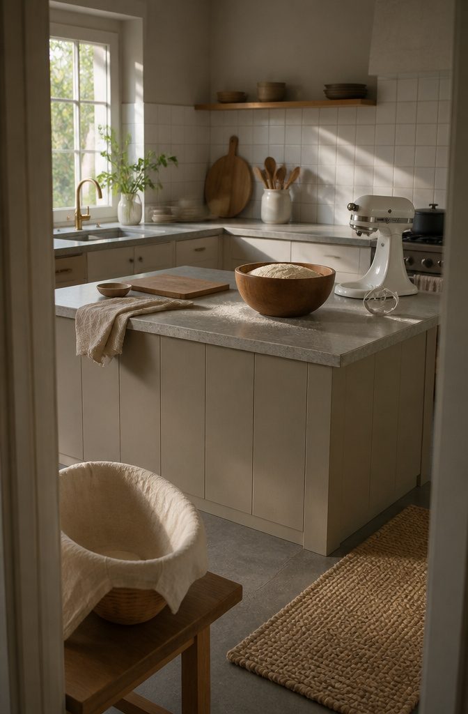 Bread dough in a wooden mixer bowl beneath a dough hook