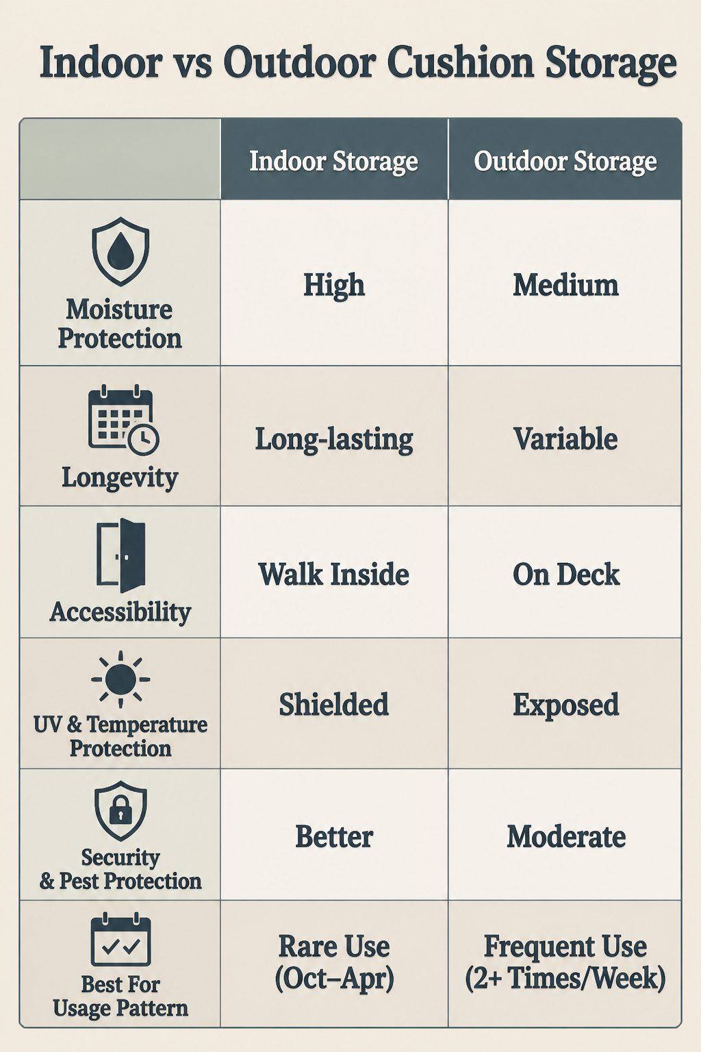 Comparison of indoor and outdoor storage options for cushions.
