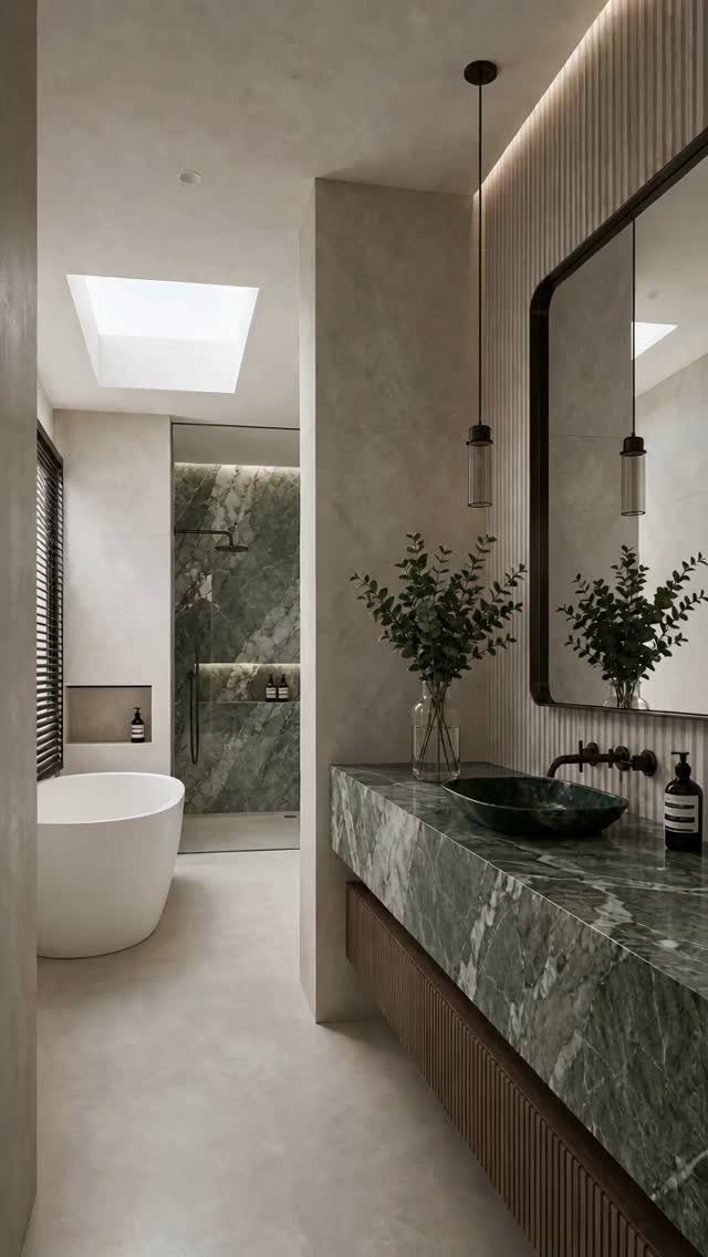 Green marble vanity and shower in a modern bathroom with a white bathtub.