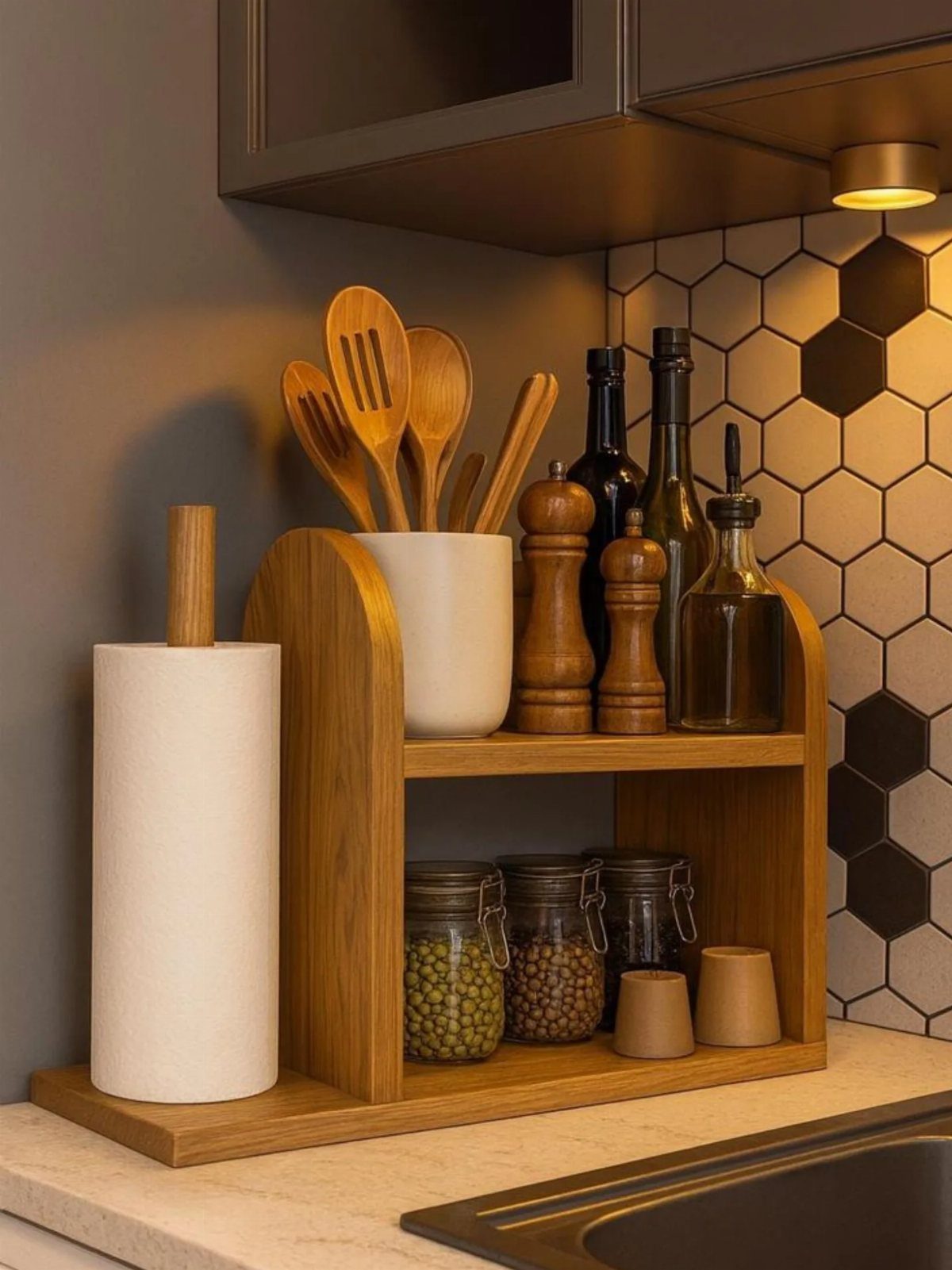 Wooden kitchen organizer holding utensils and spices against a hexagonal tile backsplash