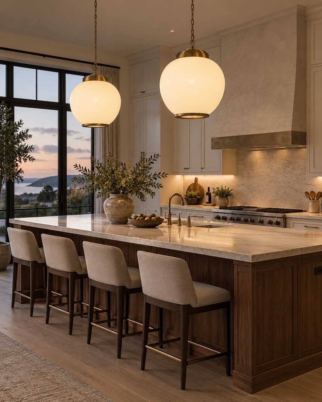 L Shaped Kitchen Cabinets: 24 Ideas for Style and Function 15 Two spherical white pendant lights hanging over a marble kitchen island with bar stools.