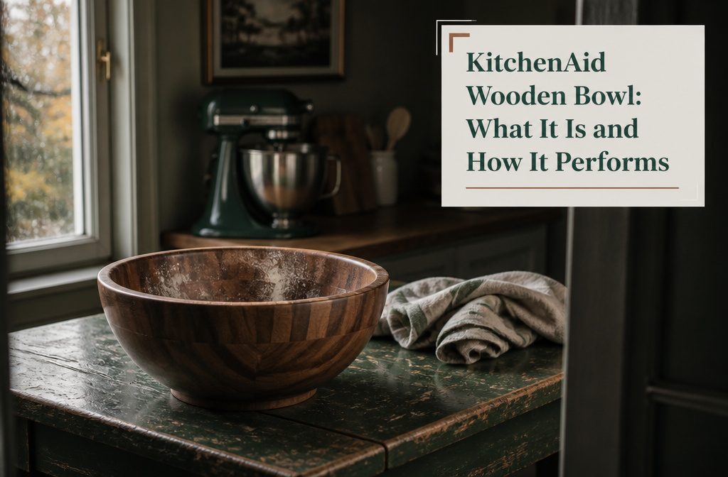 Dark green KitchenAid mixer with a walnut bowl on a kitchen counter