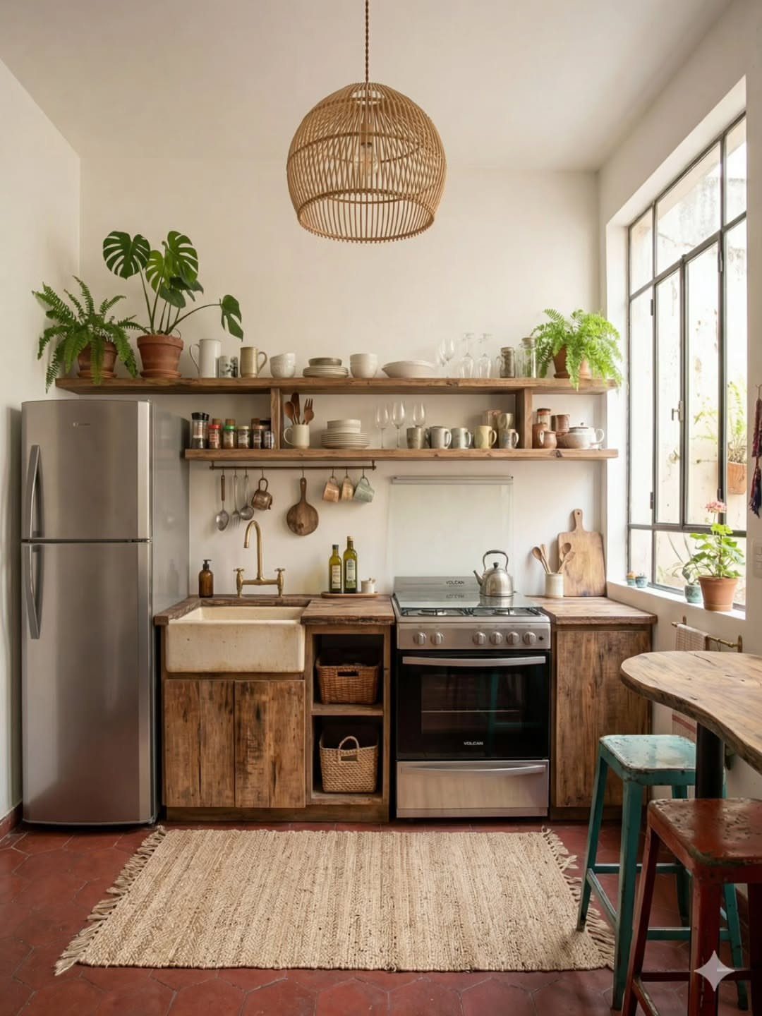 Wooden floating shelves with plants and dishes in a small rustic kitchenette.