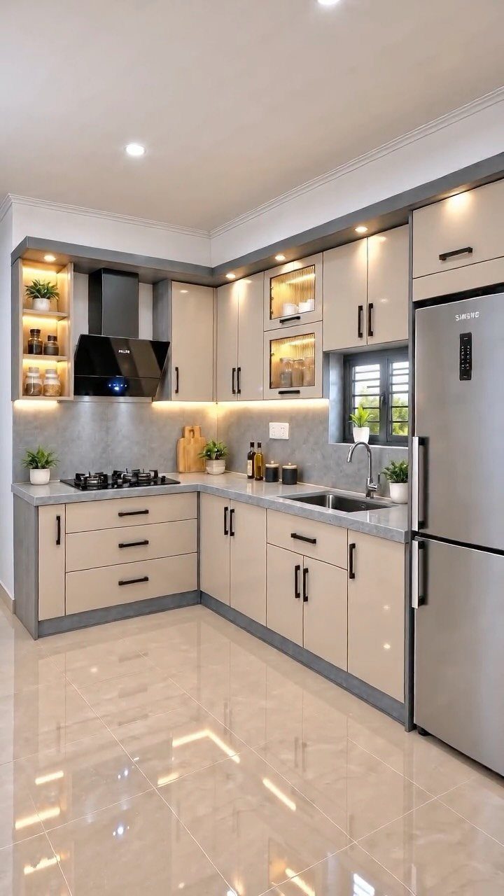 Beige L-shaped kitchen cabinets with grey countertops and a stainless steel refrigerator.