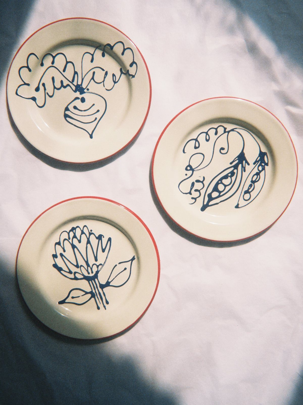 Vintage Plate Set Ideas: 12 Timeless Styles for Your Table 13 Three cream porcelain plates with red rims and blue line drawings of vegetables.