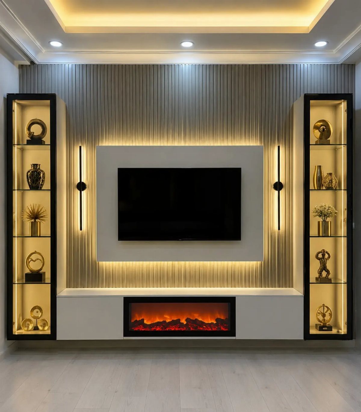 Living Room Storage Cabinet Ideas: 14 Styles That Fit Any Space 12 Two tall black display cabinets with interior lighting flanking a wall-mounted television.