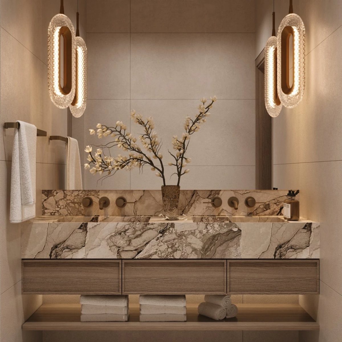 Marble bathroom vanity with integrated sinks, wooden cabinetry, and glowing oval pendant lights.