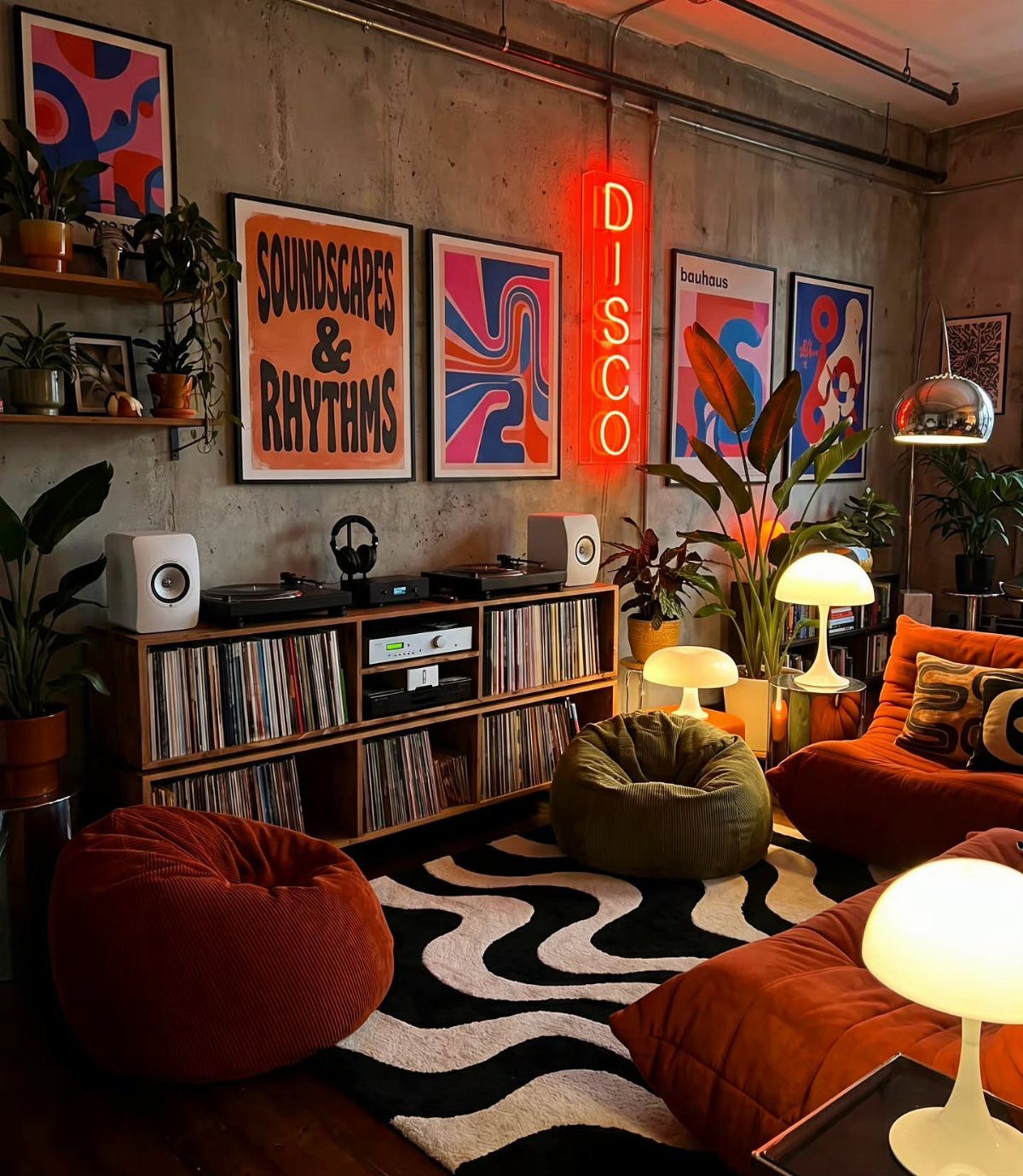 Retro living room with mushroom lamps, red neon sign, and orange bean bags.