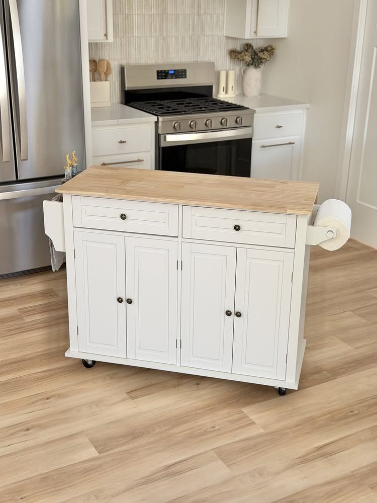 L Shaped Kitchen Cabinets: 24 Ideas for Style and Function 10 White mobile kitchen cart with wooden top on light wood flooring.