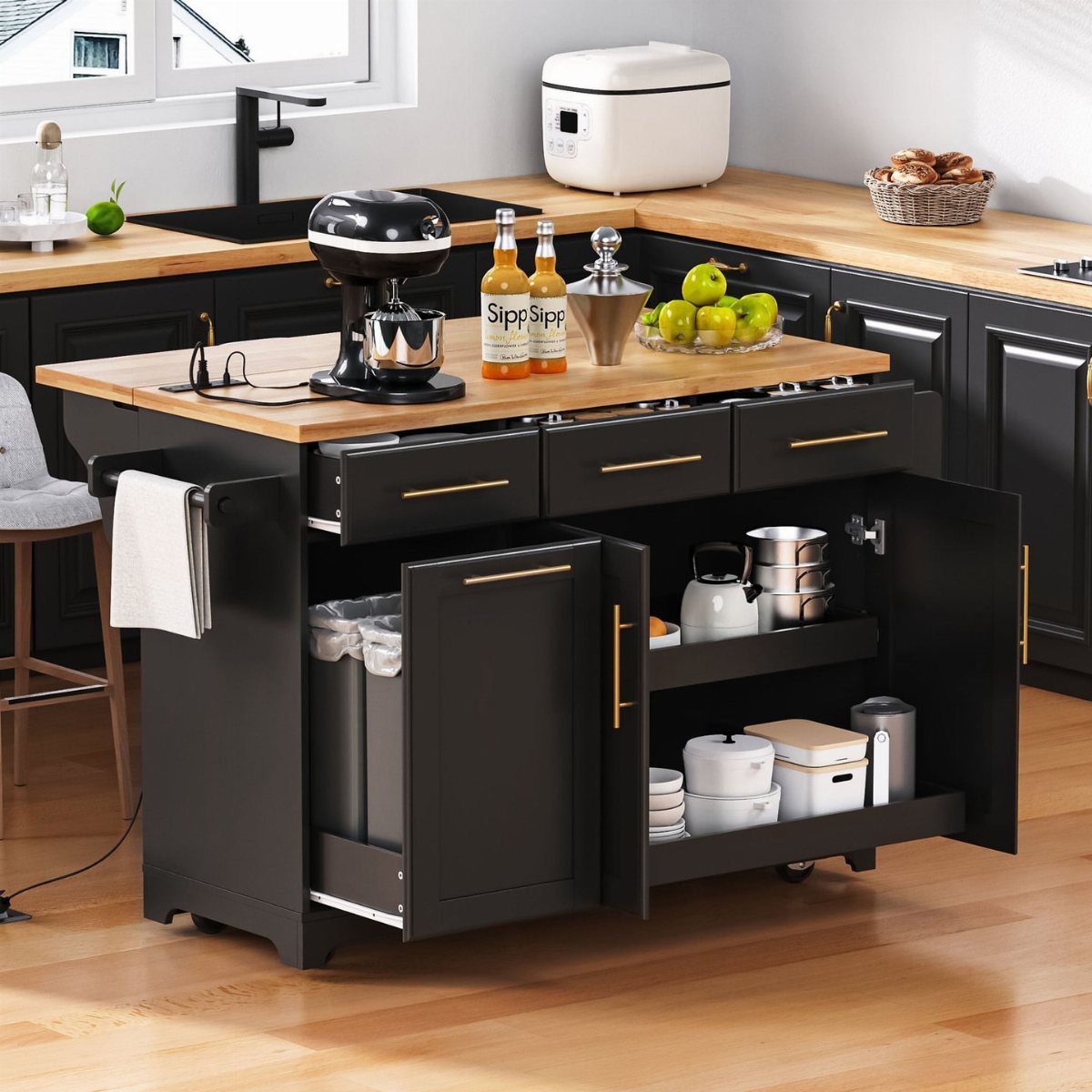 Black mobile kitchen island with wooden top and open storage in a modern kitchen.