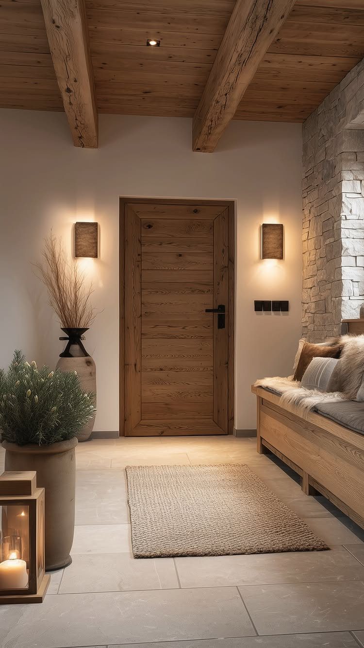 Wooden door and ceiling beams in a room with stone walls and woven rug