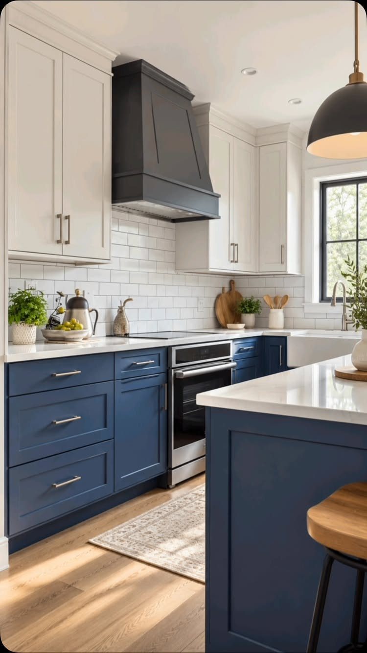 L Shaped Kitchen Cabinets: 24 Ideas for Style and Function 16 Navy blue and white kitchen cabinets with a dark grey range hood and subway tiles.