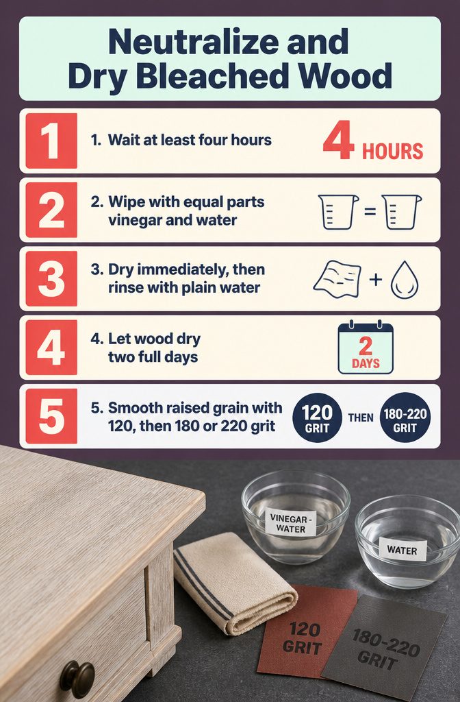 How to Lighten Wooden Furniture in 7 Steps 7 Graphic with the words Neutralize and Dry Bleached Wood on a home interior background