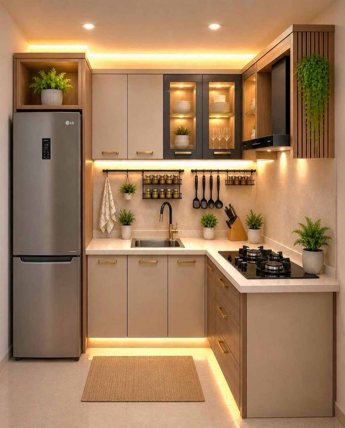 Modern minimalist L-shaped kitchen with beige cabinets, white countertops, and warm LED lighting.