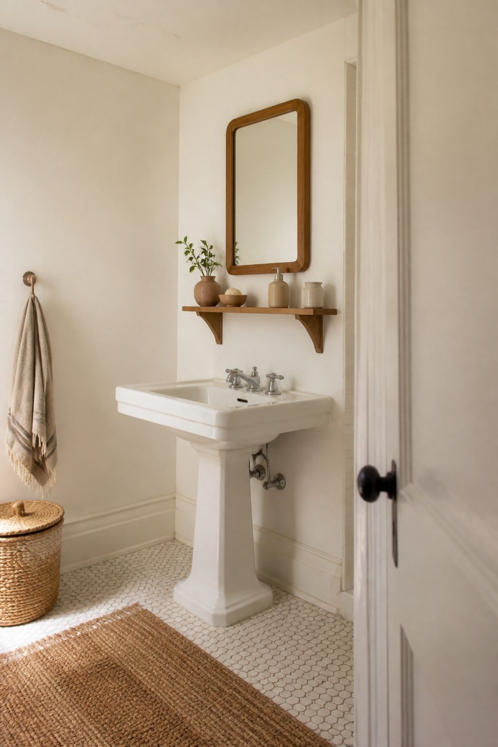 A small bathroom with off-white walls and a vintage pedestal sink.