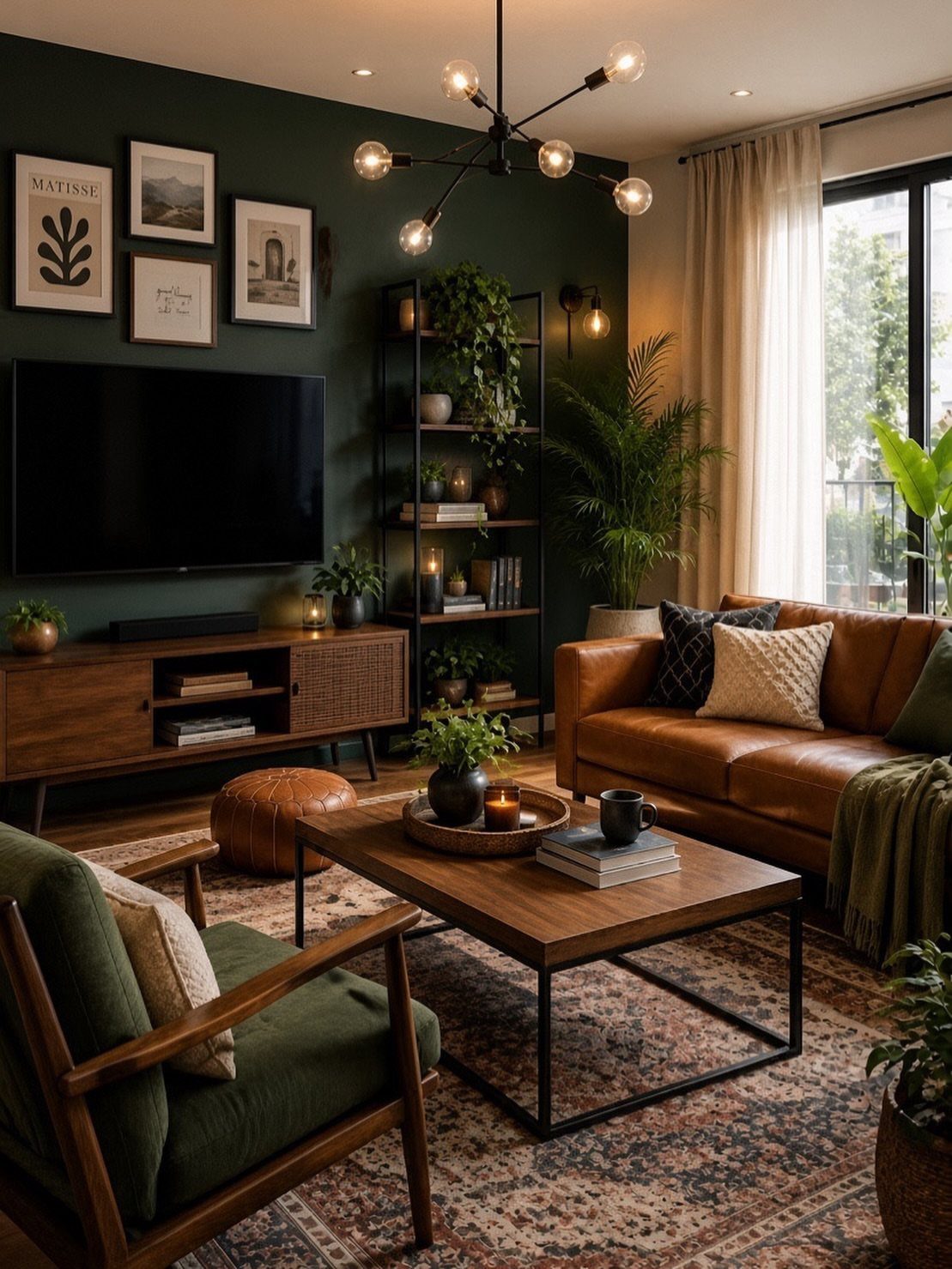 Living room with a dark olive green accent wall, leather sofa, and wooden furniture.