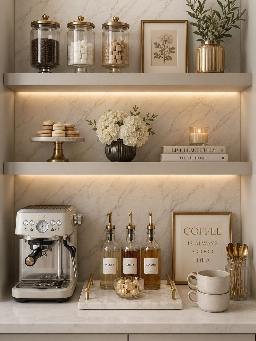 Hidden Coffee Bar Cabinet: 17 Ideas for Every Style 8 Coffee station with white espresso machine and accessories on illuminated open floating shelves.